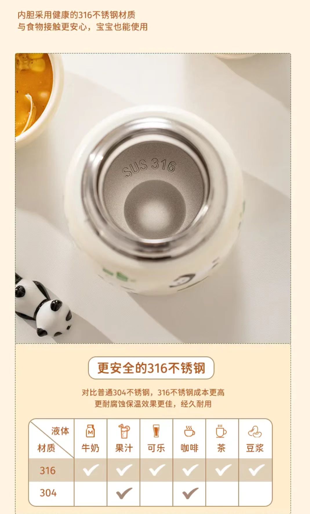【摩登主妇】316不锈钢 熊猫焖烧杯 带餐勺