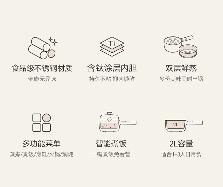 七彩叮当多功能电煮锅2L,带不锈钢蒸笼蒸片 型号:QC-SD07-2Z