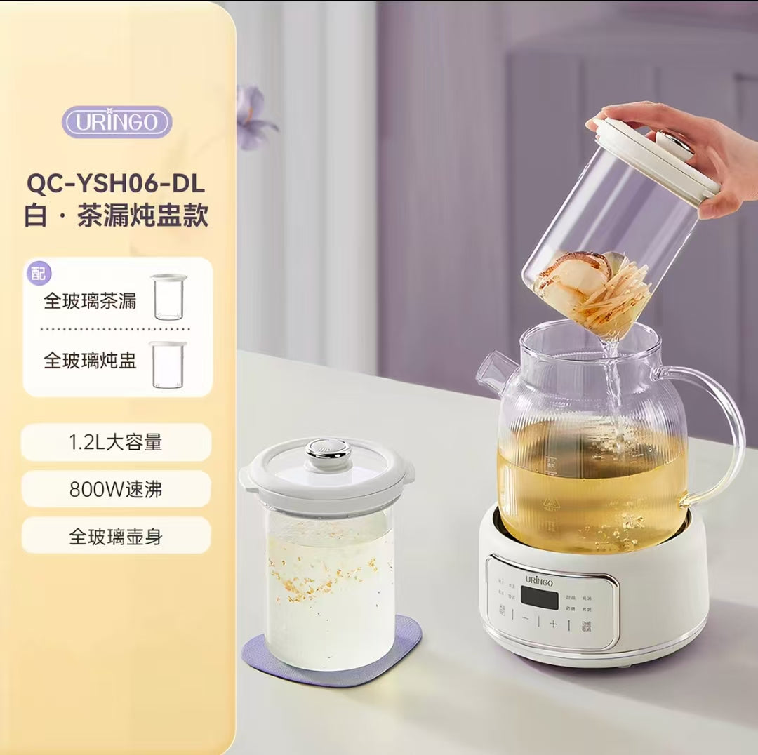七彩叮当全玻璃养生壶1.2L (全玻璃茶漏+炖盅) 型号：QC-YSH06-DL