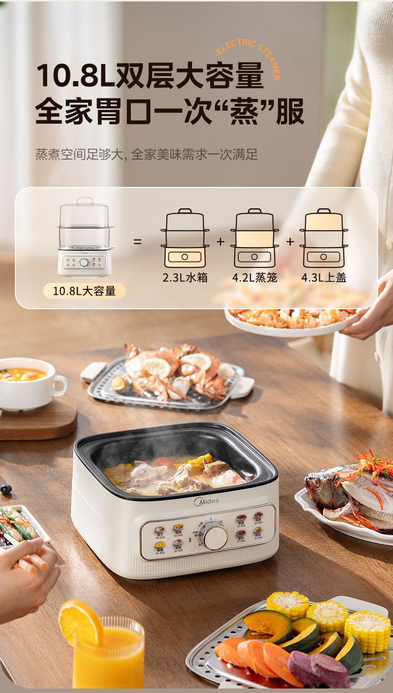 国货美的电蒸锅10.8L 型号：ZGE2323H02