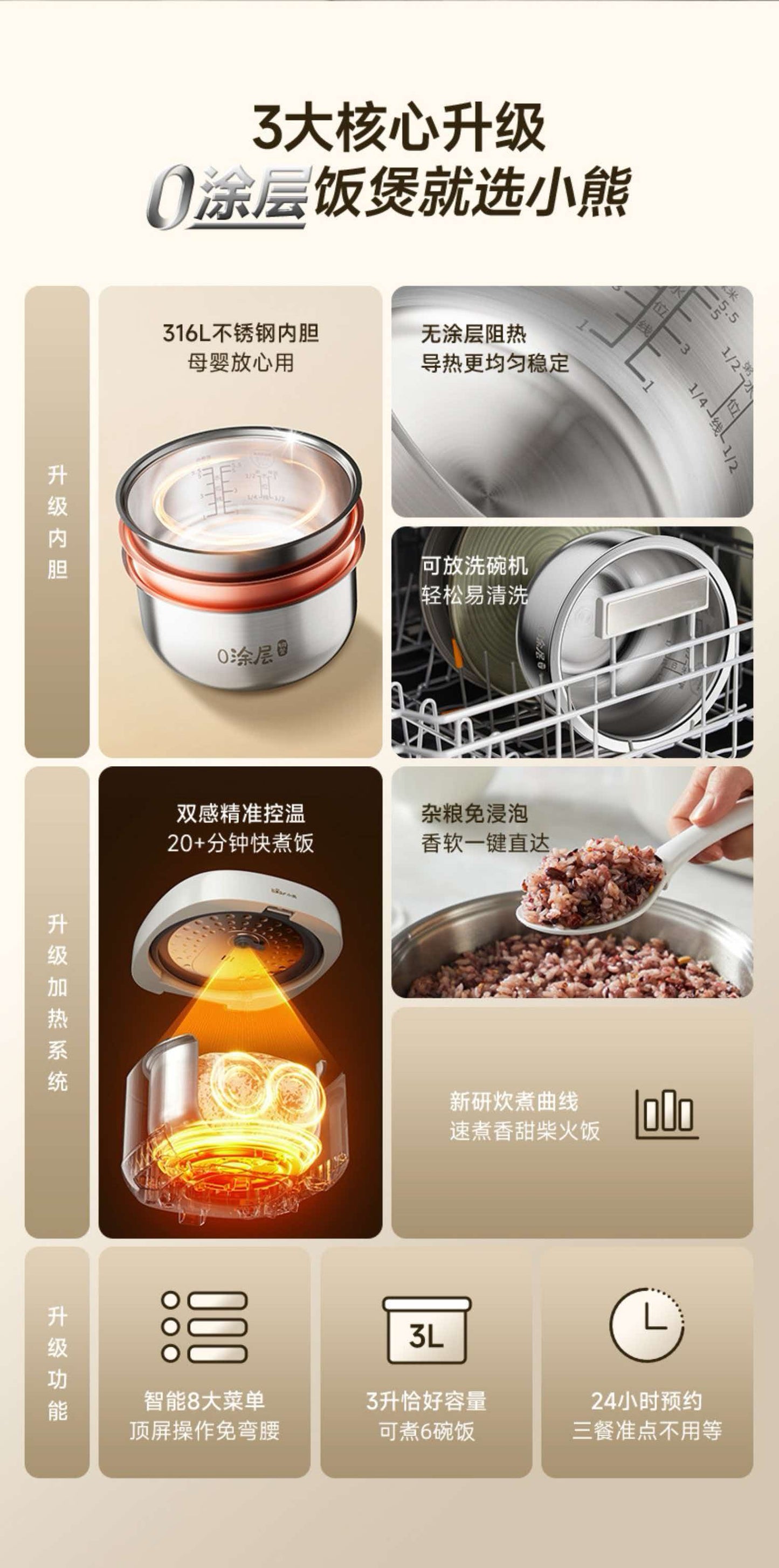 国货小熊电饭煲0涂层316不锈钢内胆 3L 型号:DFB-E30V5