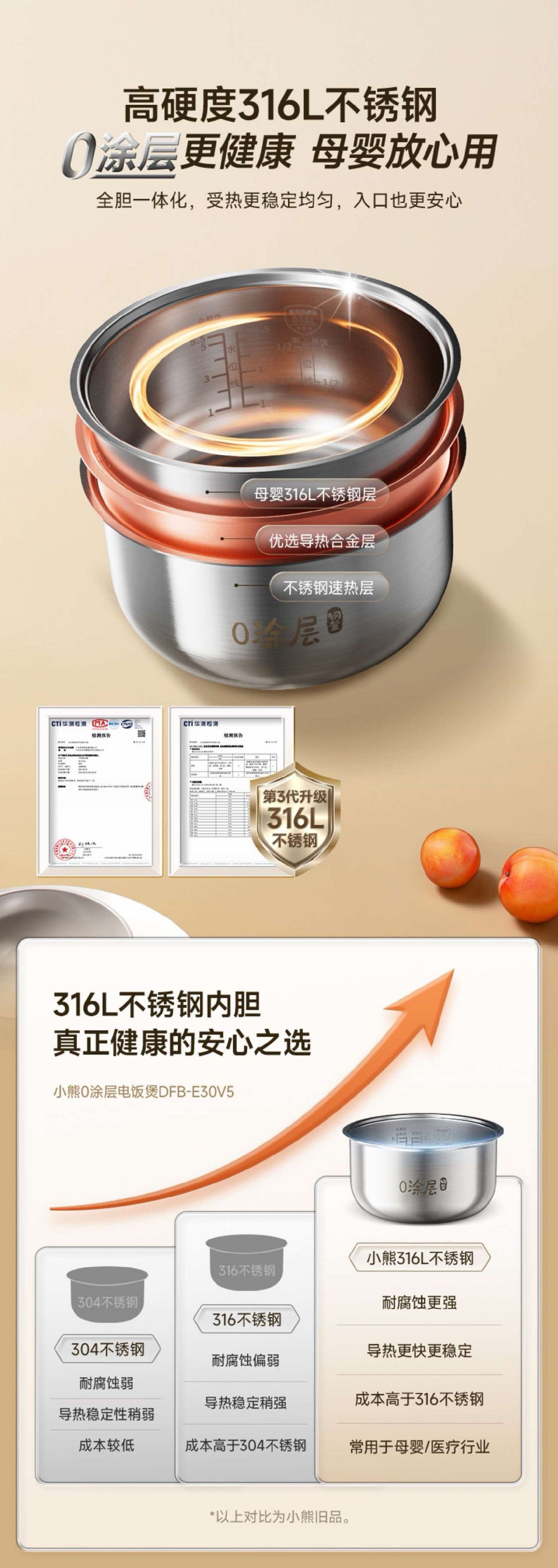 国货小熊电饭煲0涂层316不锈钢内胆 3L 型号:DFB-E30V5
