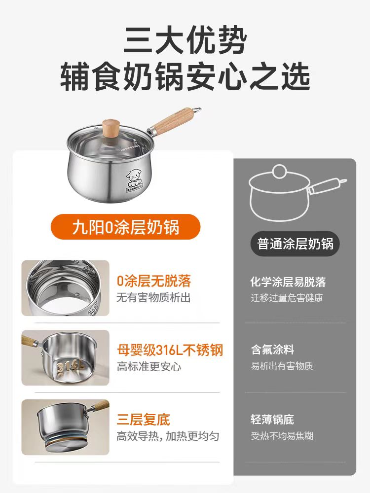 国货九阳316L不锈钢奶锅辅食锅18CM  型号：CF18T-CN312